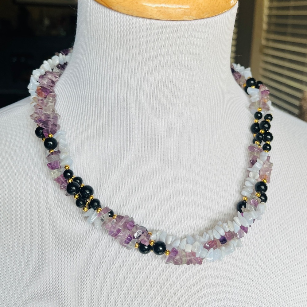 Beaded Faux Stone Amethyst Twist Necklace Vintage Colorful